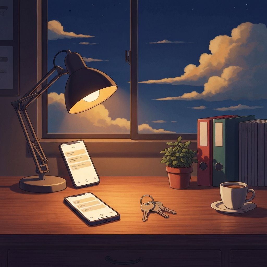 Cozy evening workspace with phone, keys, and organized folders