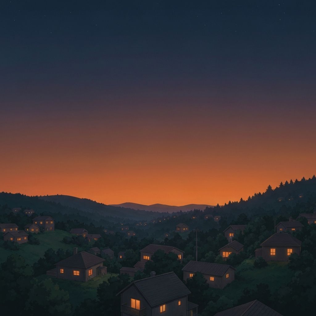 Peaceful neighborhood at dusk with warm glowing windows